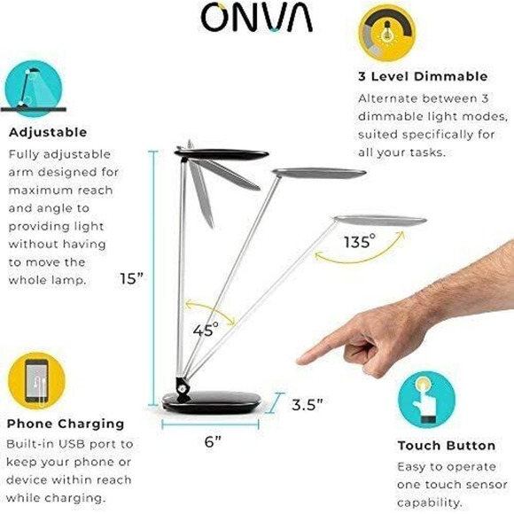 Jet Black Pebble Dimmable Led Desk Lamp with USB Charging Port, TOUCH CONTROL - Picture 4 of 5